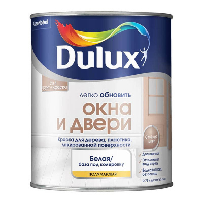 Краска для окон и дверей DULUX Окна и двери база BW 0,75л полуматовая неморозостойкая