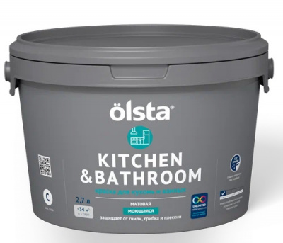 Краска OLSTA KITCHEN&BATHROOM для кухонь и ванных матовая база А 2,7 л