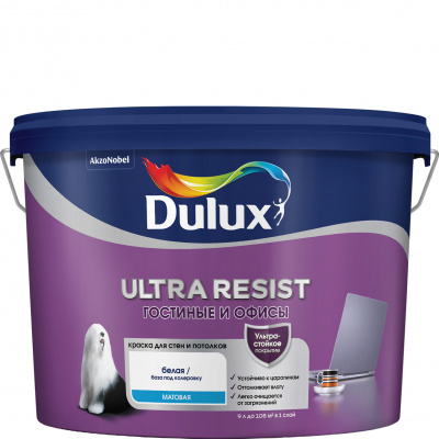 Краска ВД DULUX Ultra Resist BW 9л гостиные и офисы матовая