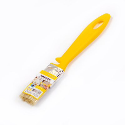 Кисть плоская Эмаль 25*10 светлая щетина, пластиковая желтая ручка АКОР