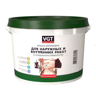 Краска VGT ВД-АК-1180 для наружных и внутренних работ моющаяся белоснежная 3кг