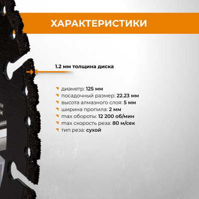 Диск алмазный универсальный сегментный для металла, железобетона, камня сухой/мокрый рез 125мм VIRA