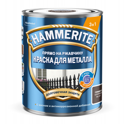 Краска 3 в 1 Hammerite гладкая коричневая RAL8017 0,75л