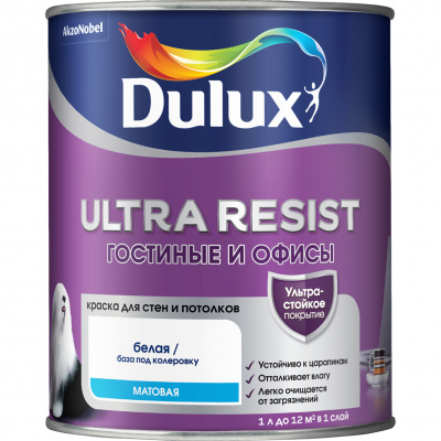 Краска ВД DULUX Ultra Resist база BW 1л гостиные и офисы матовая