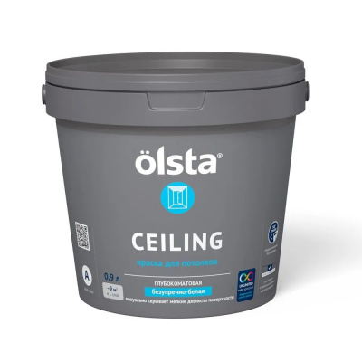 Краска OLSTA CEILING для потолков с высокой степенью белизны глубокоматовая база А 0,9 л