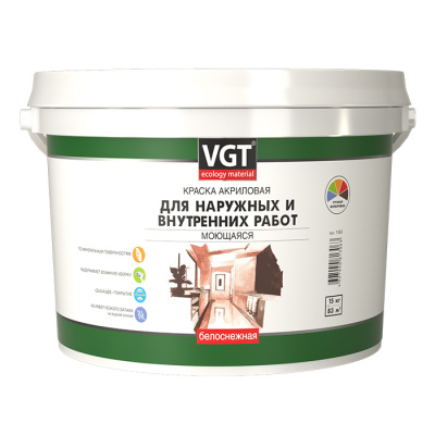 Краска VGT ВД-АК-1180 для наружных и внутренних работ моющаяся белоснежная 15кг